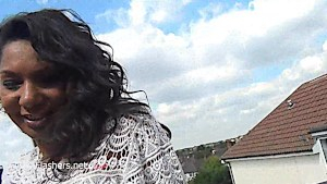 Marvelous Mels pleases her ebony pussy outside