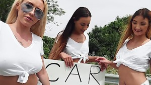 Sexy car wash with three hot Euro sluts
